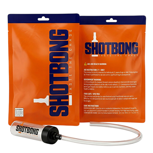 ShotBong™ product in neon lighting - flexible tube and rigid chambers with separated liquor and chaser